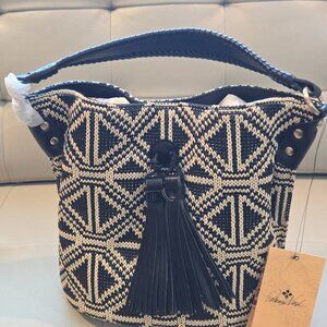 PATRICIA NASH TRIBAL PRINT WITH BLACK LEATHER TASSEL BUCKET BAG